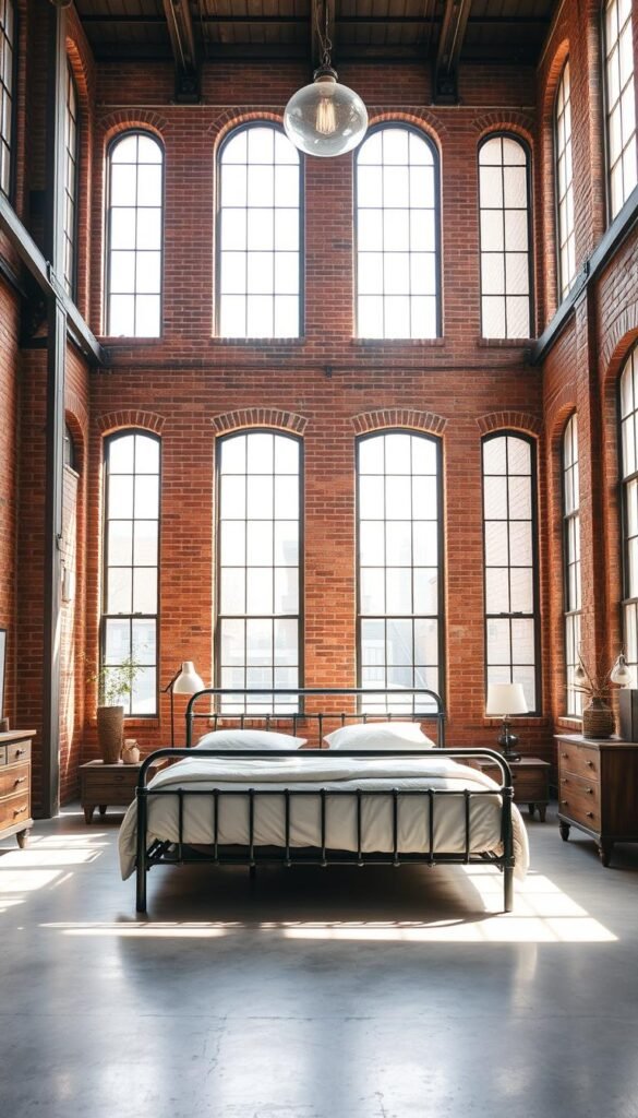 A spacious, industrial-style bedroom bathed in natural light from towering warehouse-style windows. The tall, arched frames fill the space with a soft, diffused glow, casting warm shadows across the exposed brick walls and polished concrete floors. A sturdy metal bed frame takes center stage, complemented by rustic wood furnishings and minimal decor that embrace the room's utilitarian aesthetic. Overhead, a vintage-inspired pendant light fixture casts a gentle, ambient illumination, completing the curated, loft-like ambiance.