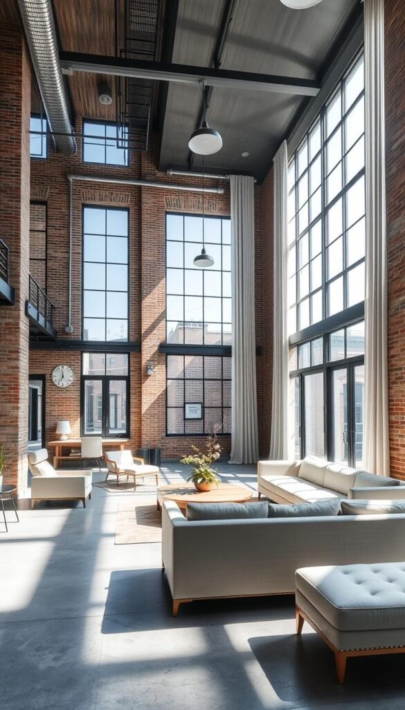A spacious industrial-style loft with large windows flooding the room with natural light. Sleek, minimalist furniture in neutral tones creates a serene ambiance. Exposed brick walls and concrete floors lend an urban edge, while strategically placed pendant lights and floor-to-ceiling curtains balance the brightness. Sunlight streams through the expansive windows, casting soft, diffused illumination throughout the space. The overall atmosphere is one of tranquility and effortless elegance, showcasing how thoughtful design can maximize natural light in an urban, industrial setting.
