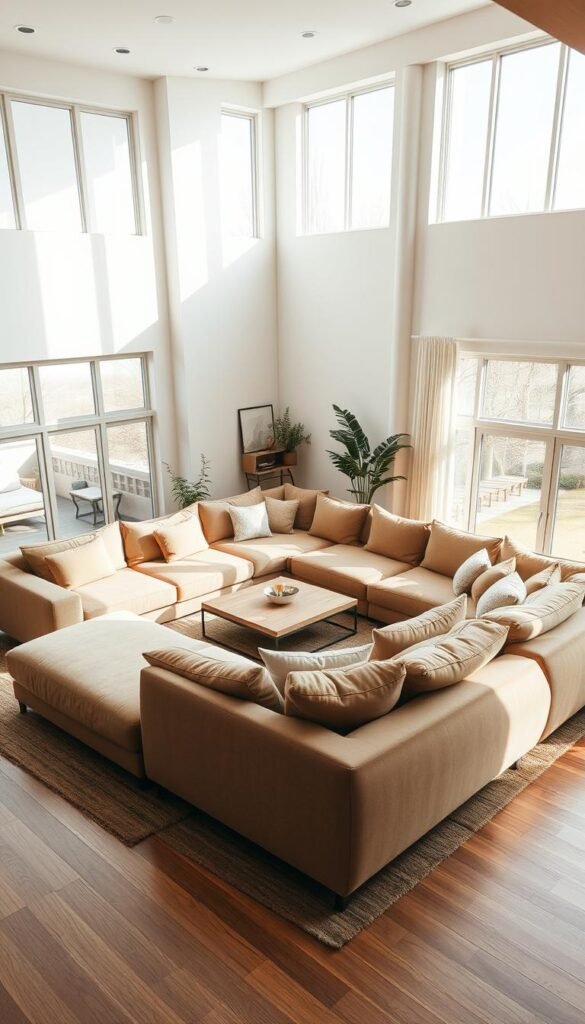 A spacious, light-filled living room featuring a sprawling, modular sectional sofa in a soft, earthy tone. The plush, generously-sized seats are arranged in an inviting, L-shaped configuration, offering ample space for lounging and conversation. Large windows flood the room with natural light, casting a warm, cozy ambiance. The sectional is complemented by minimal, Scandinavian-inspired decor, including a low, wooden coffee table and a few potted plants, creating a serene, uncluttered atmosphere. The camera angle captures the scene from a slightly elevated perspective, highlighting the scale and grandeur of the oversized seating arrangement.
