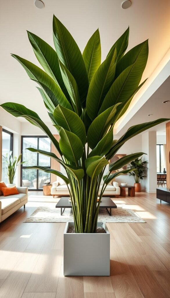 A spacious living room with a large, lush floor plant as the centerpiece. The plant's broad, verdant leaves stretch towards the ceiling, creating a striking focal point. Soft, indirect lighting filters through the space, casting a warm, inviting glow. The plant is situated on a sleek, minimalist planter, complementing the modern, open-concept design of the room. Warm, earthy tones in the furniture and decor create a cozy, nature-inspired ambiance, while clean lines and large windows lend an airy, sophisticated feel. The overall composition conveys a harmonious balance between the natural and the contemporary, making this statement-making floor plant the perfect addition to this serene living space.