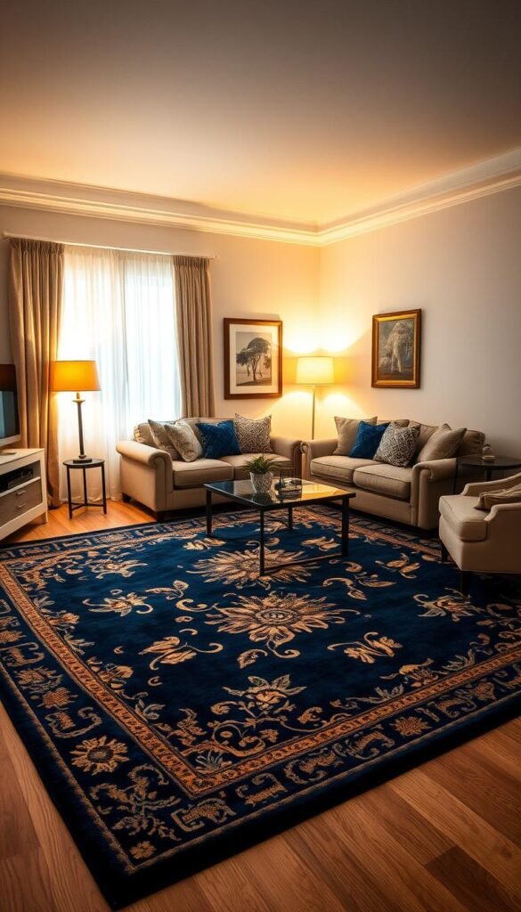 A spacious living room with a navy blue and gold patterned area rug serving as the focal point. The rug's ornate, intricate design adds a touch of elegance and anchors the space, complementing the room's neutral color palette. Warm, golden lighting from a nearby floor lamp casts a cozy glow, illuminating the room's rich textures and tones. The rug's plush, high-quality fibers invite bare feet, while its large size effortlessly grounds the seating arrangement. Overall, the navy and gold area rug creates a sophisticated, harmonious atmosphere that elevates the entire living room.