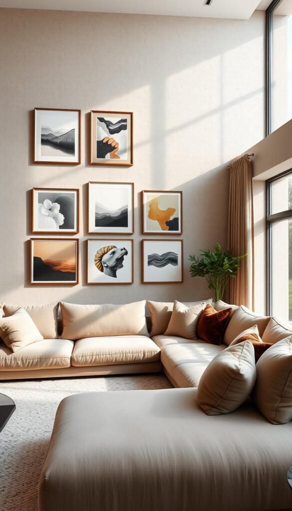 A spacious living room with a plush sectional sofa, its L-shaped design creating a cozy conversation area. On the wall above, an elegant gallery display of abstract artworks in a variety of frames - some sleek and modern, others vintage-inspired. Soft, diffused lighting casts a warm, inviting glow, while large windows allow natural light to stream in, illuminating the textured walls and plush throw pillows. The overall atmosphere is one of refined sophistication and relaxed comfort, perfectly complementing the sectional's inviting form.