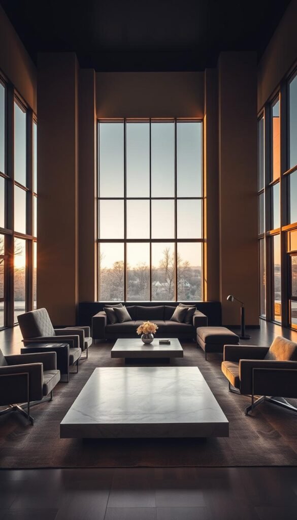 A spacious living room with towering, statement furniture pieces that command attention. In the foreground, a grand, high-backed sofa in a rich, velvety fabric invites relaxation. Flanking it, a pair of tall, angular armchairs with sleek metal frames and plush upholstery. In the middle ground, an oversized, minimalist coffee table with a smooth, stone-like surface grounds the arrangement. The background features floor-to-ceiling windows that flood the space with warm, golden-hour lighting, casting long shadows and creating a sense of depth and drama. The overall mood is one of refined, contemporary elegance, where the scale and proportion of the furniture elevate the living space to new heights.