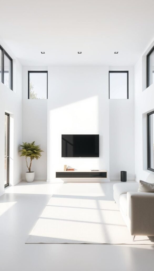 A spacious, minimalist living room with a sleek, wall-mounted television, saving valuable floor space. The TV is positioned at eye level, seamlessly blending into the clean, white walls. Diffused, natural lighting filters in through large windows, creating a bright and airy atmosphere. The room is sparsely furnished, with a modern, low-profile sofa and a few carefully curated decor pieces, emphasizing the sense of open space and visual clarity. The overall aesthetic is one of simplicity, functionality, and a keen attention to detail, perfectly capturing the essence of a minimalist, space-saving living room design.