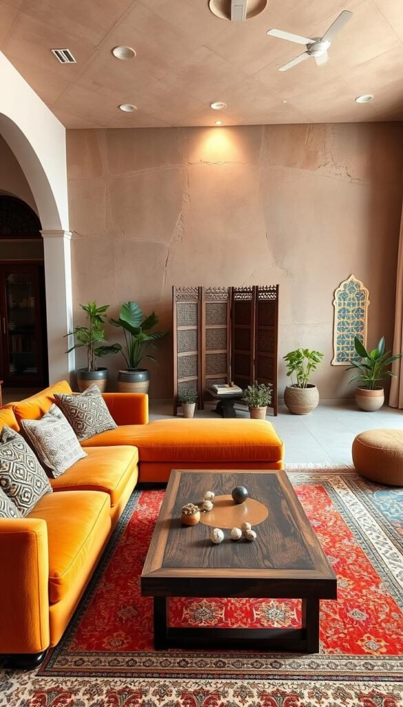 A spacious modern Moroccan living room with a fusion of traditional and contemporary elements. In the foreground, a plush L-shaped sofa in rich ochre tones with intricate geometric patterned throw pillows. A low wooden coffee table with a brass inlay design takes center stage. In the middle ground, an ornate Moroccan-style rug in warm hues grounds the space, complemented by potted plants and a carved wood screen room divider. The background features a wall with a mix of earthy-toned textured plaster and vibrant patterned tile accents, creating a captivating focal point. Soft indirect lighting casts a cozy, atmospheric glow throughout the room.