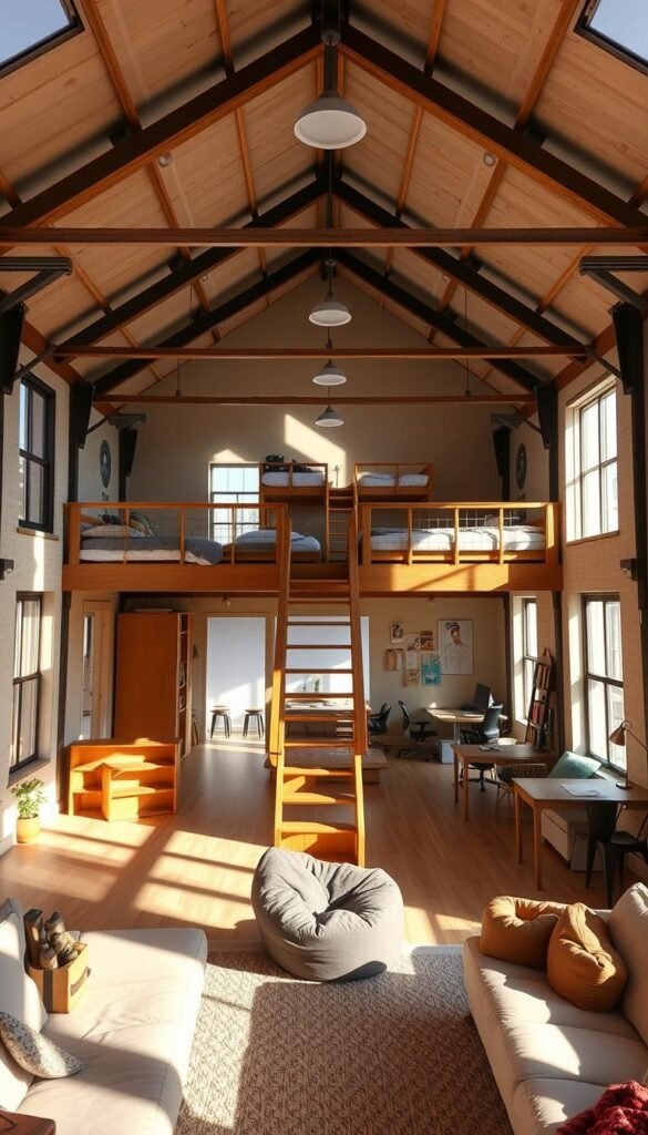 A spacious multi-level loft with a shared hangout space. In the foreground, a cozy seating area with plush sofas and bean bags invites relaxation. Sunlight streams through large windows, casting a warm glow. The middle ground features a wooden staircase leading to an upper level, where bunk beds are arranged in a playful, organized manner. Overhead, exposed beams and a high ceiling create an airy, industrial-chic ambiance. In the background, a workspace with desks and chairs suggests a collaborative, productive environment. The overall scene conveys a sense of community, comfort, and functionality, perfect for sleepovers and shared living.