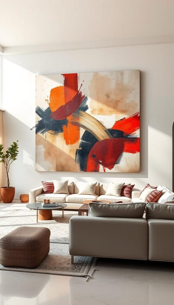 A spacious, sun-drenched living room with a captivating statement wall art piece as the focal point. The artwork features bold, abstract brushstrokes in a harmonious blend of earthy tones and vibrant accents, creating a striking visual impact. Placed against a minimalist, off-white wall, the artwork commands attention, its dynamic composition and rich textures drawing the eye and evoking an atmosphere of modern sophistication. Soft, directional lighting from above subtly accentuates the depth and texture of the piece, while a wide-angle lens captures the grandeur of the space and the artwork's transformative presence. An inspiring and visually striking addition to a spacious, light-filled living room.