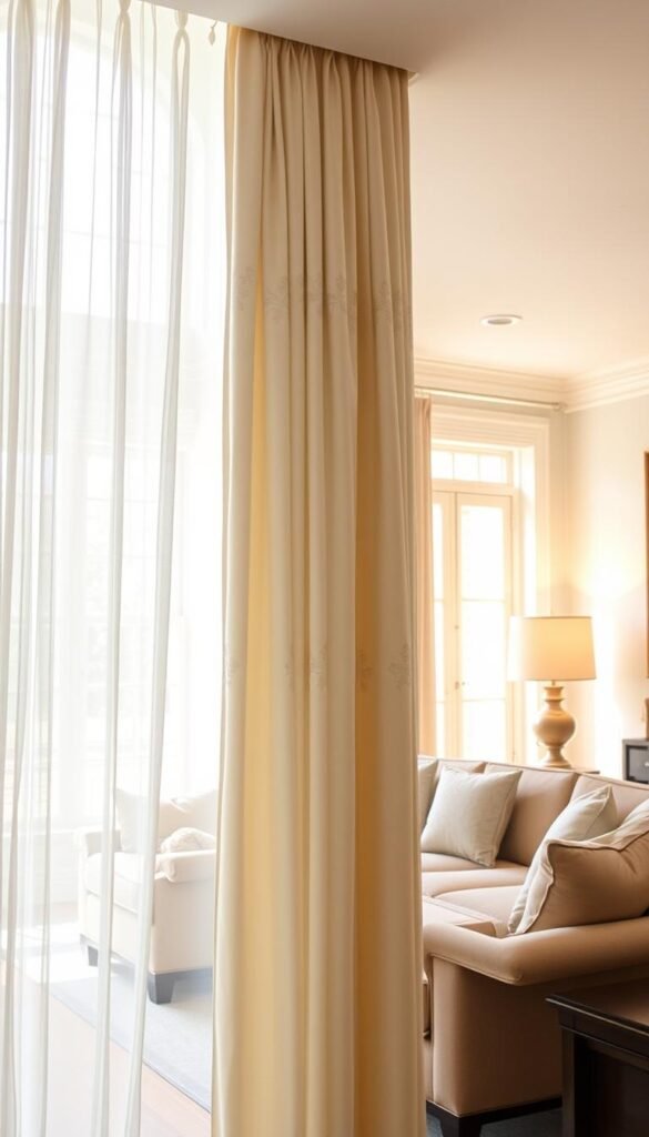 A spacious, sun-drenched living room with a refined, classic aesthetic. In the foreground, a pair of elegant floor-to-ceiling curtains in a delicate floral pattern gently sway, their soft folds casting subtle shadows across the room. The middle ground features a plush, neutral-toned sofa and complementary armchair, arranged to create an inviting conversation area. The background showcases large windows, their clean lines and simple design providing a balance to the patterned curtains. Soft, warm lighting from a nearby table lamp and natural illumination from the windows create a serene, harmonious atmosphere, accentuating the room's timeless charm and effortless sophistication.