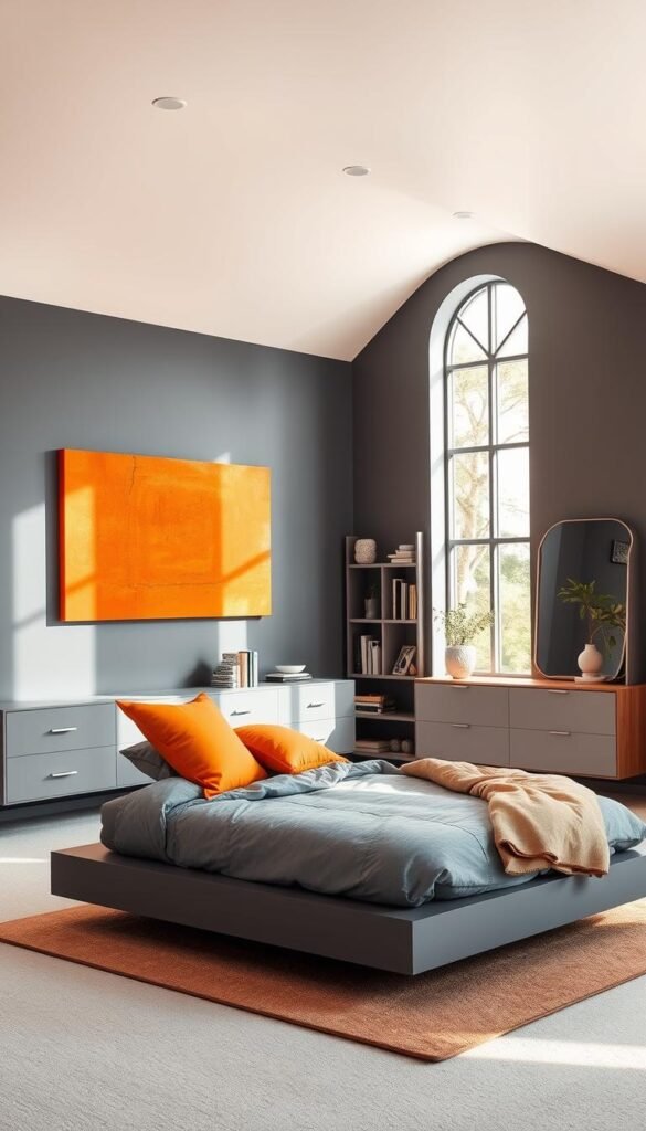 A spacious, sun-drenched teenage bedroom with a striking orange and gray color scheme. In the foreground, a sleek, modern platform bed with plush gray bedding and a pair of stylish orange throw pillows. Opposite, a long, floating gray dresser with minimalist chrome hardware. The walls are painted a soothing shade of slate gray, punctuated by a large, abstract orange canvas art piece. Recessed lighting casts a warm, flattering glow, complemented by a tall, arched window that floods the space with natural light. In the background, a geometric bookshelf in a lighter shade of gray holds an assortment of books, plants, and personal mementos. The overall atmosphere is one of bold, youthful energy tempered by a sense of contemporary sophistication.
