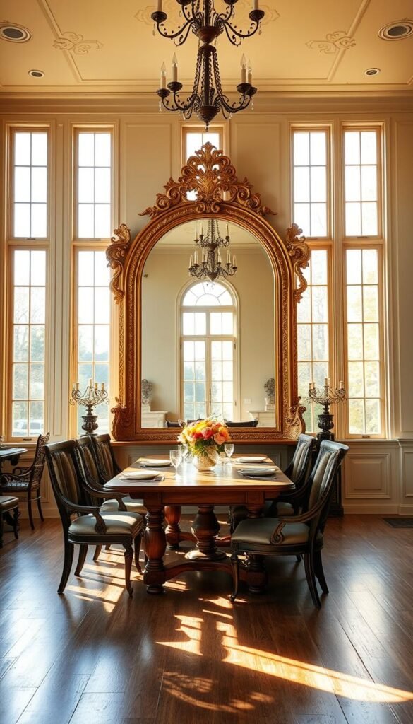 A spacious, sun-filled dining room with a large, ornate mirror taking center stage. The mirror's intricate golden frame reflects the warm, natural light streaming through the room's tall windows, bathing the space in a soft, radiant glow. Antique-inspired furnishings and a rustic wooden table create a cozy, inviting ambiance, while the mirror's expansive surface amplifies the sense of openness and airiness. The mirror's placement opposite the windows strategically bounces light around the room, creating an illusion of depth and amplifying the overall sense of space. The resulting image captures the essence of a dining experience that is both elegant and illuminating.