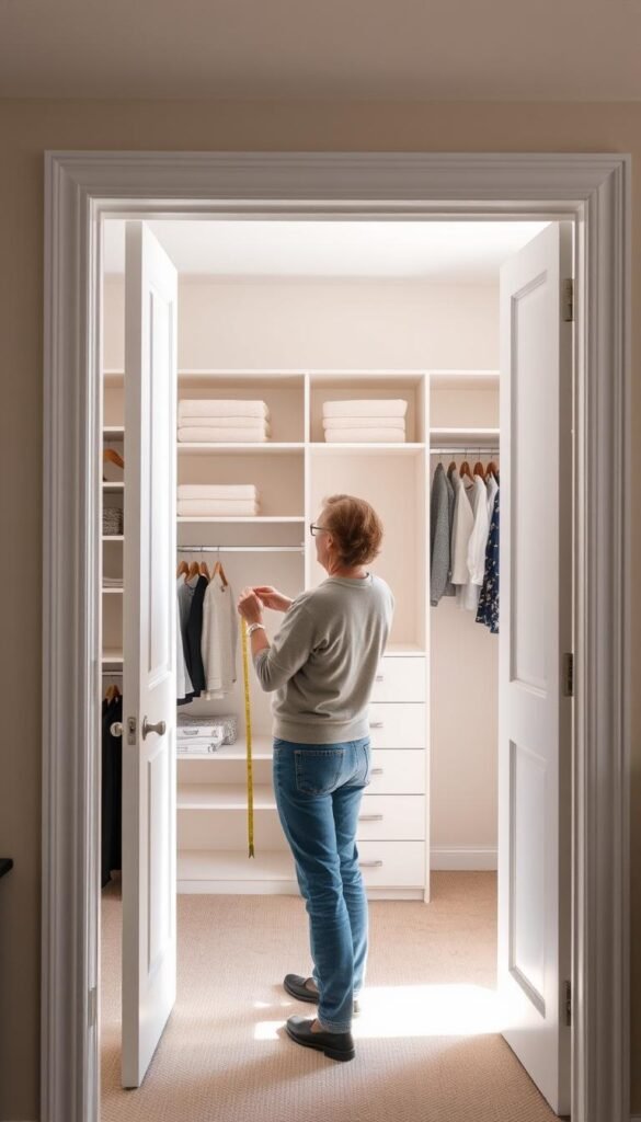 A spacious, well-lit closet with an open door, revealing a meticulously organized interior. In the foreground, a person stands holding a tape measure, carefully assessing the dimensions and layout of the closet. The middle ground showcases various storage solutions - shelves, rods, and cubbies - arranged in a visually appealing manner. The background depicts a neutral-toned wall, providing a clean and minimalist backdrop. The lighting is soft and natural, creating a warm and inviting atmosphere. The overall scene conveys a sense of order, efficiency, and a thoughtful approach to maximizing the available closet space.