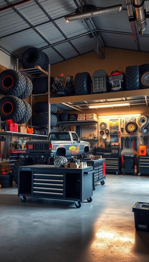 A spacious, well-lit garage interior with a mezzanine storage loft. Towering monster truck parts and accessories are neatly organized on shelves, hooks, and racks. Massive tires, engine blocks, and chrome accents create an impressive visual. Warm lighting illuminates the space, casting dramatic shadows. The concrete floor is clean and polished, while the walls display monster truck posters and memorabilia. A rolling workbench and tool chests occupy the foreground, ready for maintenance and customization. The overall atmosphere exudes a sense of orderly enthusiasm for the world of monster trucks.