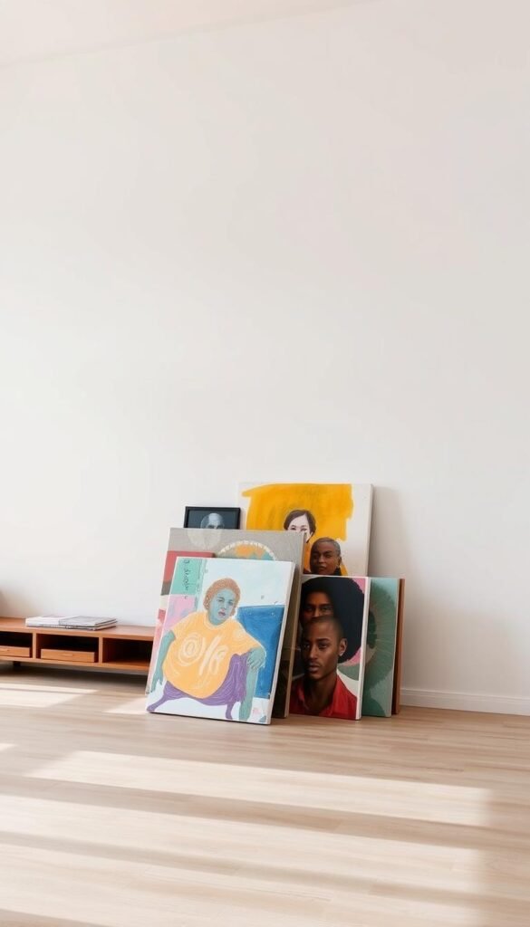 A spacious, well-lit living room with a large, bare white wall. In the foreground, an artfully arranged stack of canvases in various sizes and shapes, leaning against the wall at a slight angle. The canvases feature a mix of abstract and figurative artwork, with vibrant colors and textures. The middle ground showcases a few framed prints or smaller wall hangings, complementing the larger art stack. The background is softly illuminated, creating a warm, gallery-like atmosphere. The overall composition suggests an experimental, creative approach to filling a large, empty wall space.