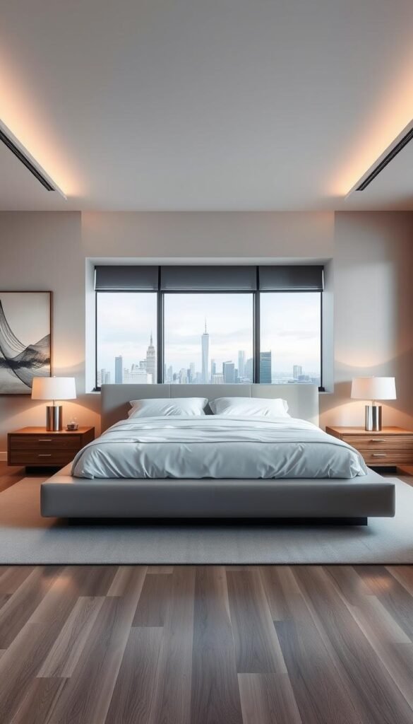 A spacious, well-lit modern bedroom with sleek, minimalist furniture. A large, low-profile platform bed with crisp, white bedding dominates the foreground. On the nightstands, there are modern table lamps casting a warm glow. The walls are adorned with abstract art pieces, and a large, panoramic window offers a scenic view of a city skyline in the background. The room has a calming, serene atmosphere with a subtle color palette of grays, whites, and natural wood tones. The overall design is elegant, sophisticated, and embodies the essence of a stylish, contemporary bedroom. A spacious, well-lit modern bedroom with sleek, minimalist furniture. A large, low-profile platform bed with crisp, white bedding dominates the foreground. On the nightstands, there are modern table lamps casting a warm glow. The walls are adorned with abstract art pieces, and a large, panoramic window offers a scenic view of a city skyline in the background. The room has a calming, serene atmosphere with a subtle color palette of grays, whites, and natural wood tones. The overall design is elegant, sophisticated, and embodies the essence of a stylish, contemporary bedroom.