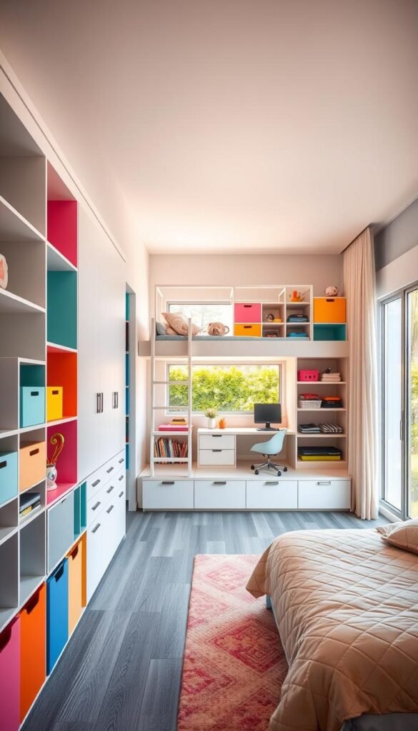 A spacious, well-organized kids' bedroom with innovative storage solutions. The foreground features an array of sleek, colorful storage cubbies, shelves, and drawers integrated seamlessly into the wall design. In the middle ground, a loft bed with built-in desks and storage compartments maximizes the vertical space. The background showcases a large window overlooking a vibrant garden, flooding the room with warm, natural light. The overall atmosphere is bright, functional, and visually appealing, perfectly suited for a growing child's needs.