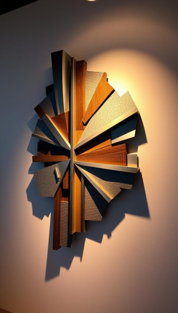 A striking 3D wall sculpture with a textured, dimensional surface. The piece features an abstract, geometric pattern that creates a visually captivating interplay of light and shadow. Crafted from a variety of materials, including brushed metal, carved wood, and embossed panels, the sculpture casts dramatic shadows that add depth and visual interest. Lit from the side with a warm, directional light source, the sculpture appears to float against a neutral, minimalist background, drawing the eye and adding a dynamic, sculptural element to the space. The overall effect is one of modern sophistication and a tactile, sensory experience that transforms a bare wall into a striking focal point.