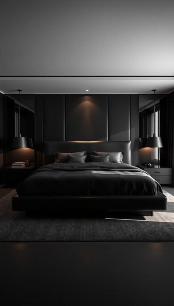 A striking all-black bed, the centerpiece of a chic monochrome bedroom. Sleek and sophisticated, its clean lines and sumptuous bedding create a bold statement. Elegant mood lighting casts a warm glow, accentuating the bed's depth and texture. The room is enveloped in a sophisticated ambiance, with shadow and contrast playing across the smooth ebony surfaces. This is a sanctuary of modern minimalism, a canvas for the imagination to roam. A masterful blend of form and function, this all-black bed commands attention and exudes an air of refined luxury.