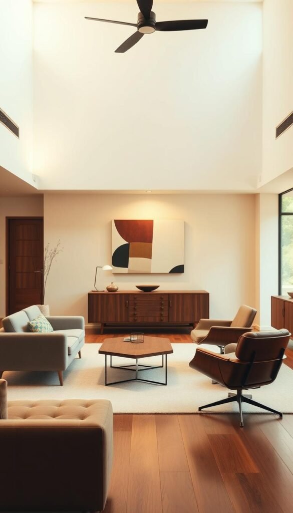A striking mid-century modern interior, bathed in warm, diffused lighting that highlights the clean lines and geometric shapes. In the foreground, a sleek, low-profile sofa with tapered legs and plush upholstery, flanked by a pair of iconic Eames lounge chairs. In the middle ground, a minimalist, angular coffee table with a solid wood top and slender metal frame. The background showcases a feature wall with an abstract, asymmetrical art piece, complemented by a simple, wooden credenza and a large, floor-to-ceiling window that offers a glimpse of a lush, verdant landscape beyond. The overall atmosphere exudes a sense of timeless elegance, functionality, and a harmonious balance between form and function.