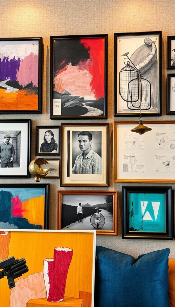 A striking mixed media gallery wall showcasing a captivating array of textures, materials, and artistic expressions. In the foreground, a collection of framed abstract paintings in vibrant, harmonious hues, their brushstrokes and layering creating depth and visual interest. Interspersed, three-dimensional sculptural elements in metal and wood lend a tactile, avant-garde touch. The middle ground features a mix of black-and-white photography, hand-drawn sketches, and vintage ephemera, each piece meticulously framed and arranged in an asymmetrical, visually dynamic layout. In the background, a neutral-toned, textured wall acts as a serene backdrop, allowing the eclectic artworks to take center stage. Warm, soft lighting casts a gentle glow, enhancing the overall sense of artistic curation and personal expression.