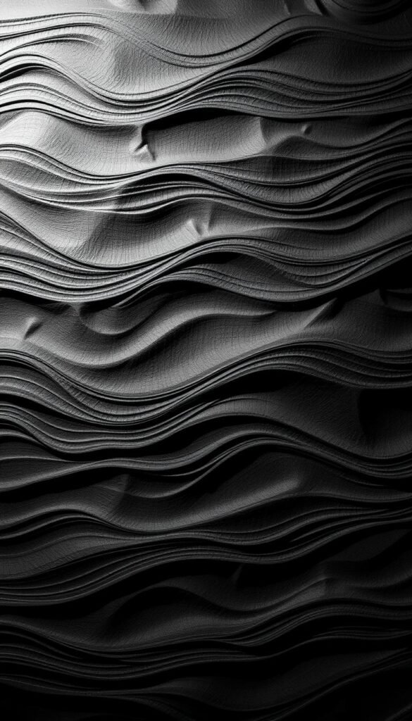 A striking monochrome design with a textured, tactile surface. Rippling waves of ebony and charcoal create a dynamic, visually engaging pattern that adds depth and visual interest. Crisp lighting from an unseen source casts dramatic shadows, lending the design a sense of dimensionality and a moody, atmospheric quality. The textured motif fills the frame, commanding attention and creating a bold, impactful visual statement that would seamlessly complement a modern, minimalist living room decor.