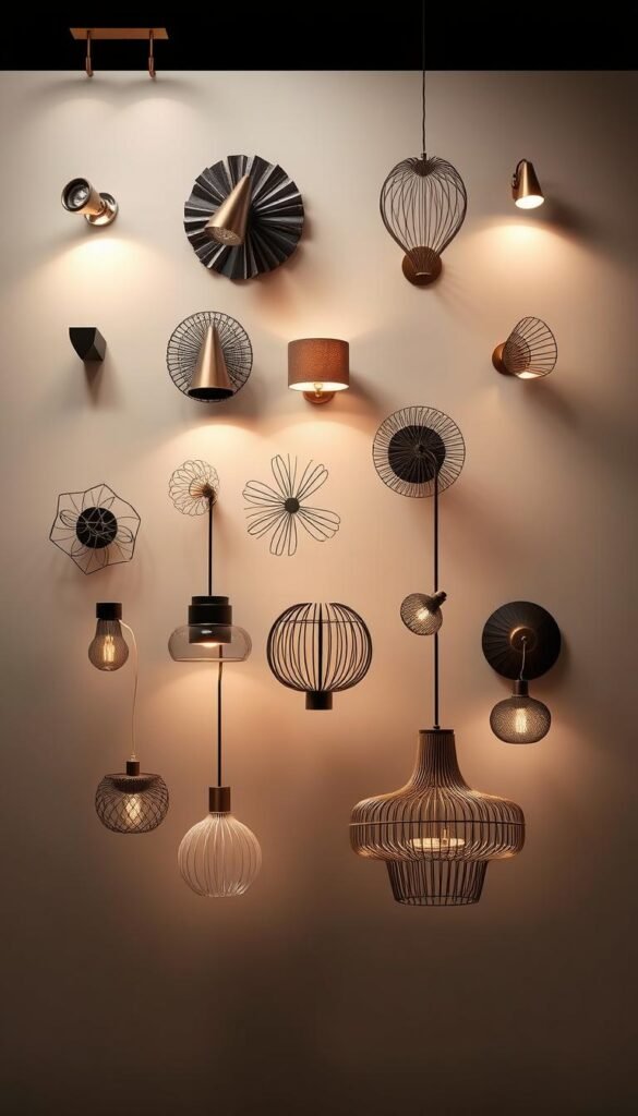 A stunning array of creative lighting fixtures designed to inspire and elevate any room. Intricate, sculptural designs in a variety of materials and finishes - from sleek metallic to warm, natural wood - each fixture a work of art. Dramatic spotlights and sconces cast pools of light, while pendant lamps and chandeliers gently illuminate the space. The fixtures are showcased against a minimalist, gallery-like backdrop, allowing their unique silhouettes and textures to take center stage. Soft, diffused lighting creates a serene, moody atmosphere, evoking a sense of tranquility and sophistication. The overall composition highlights the intersection of form and function, blending aesthetics and illumination seamlessly.