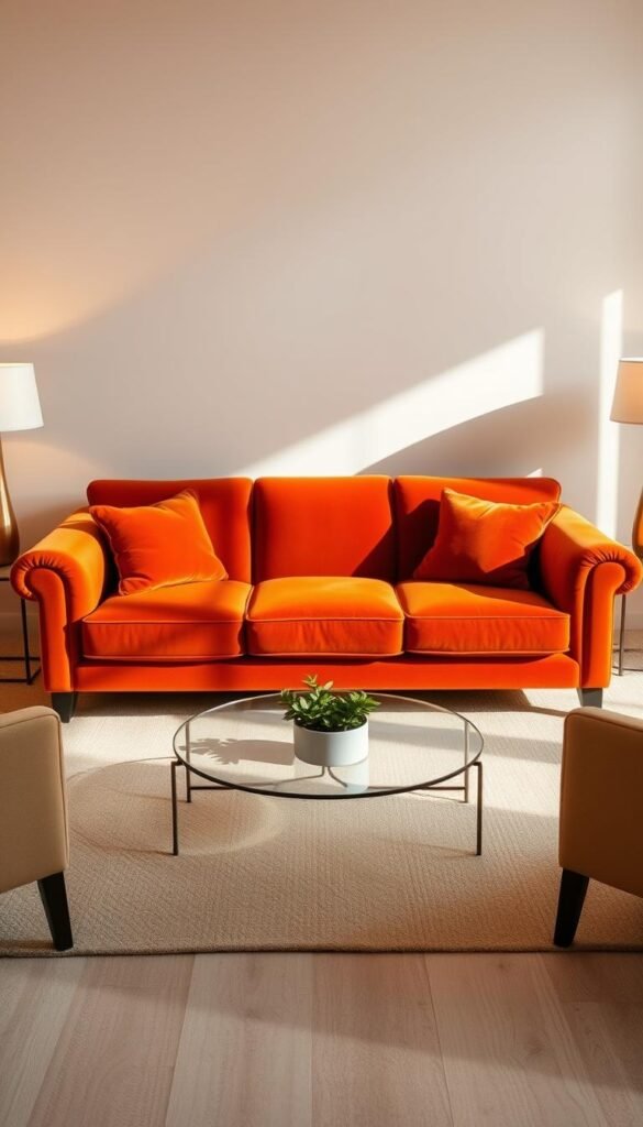 A stunning burnt orange sofa, the centerpiece of a cozy living room. Plush velvet upholstery catches the warm glow of natural lighting, creating a inviting ambiance. Arranged in a thoughtful, symmetrical layout, the sofa is framed by minimalist decor - a pair of brass lamps and a large potted plant, all set against a backdrop of neutral walls. The overall scene radiates an air of sophisticated fall elegance, perfectly capturing the essence of a statement-making burnt orange sofa.