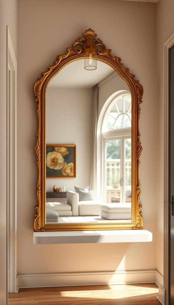 A stunning entryway mirror design that effortlessly blends light and space. A large, ornate mirror with an intricate golden frame takes center stage, reflecting the warm glow of a brass sconce mounted above. The mirror's placement is strategic, visually expanding the compact entryway and drawing the eye towards the sunlit living area beyond. Sleek, minimalist console table beneath the mirror provides a discreet surface for decor, while natural wood tones complement the golden hues. Soft, diffused lighting from the sconce creates an inviting, atmospheric ambiance, making a powerful first impression on all who enter.
