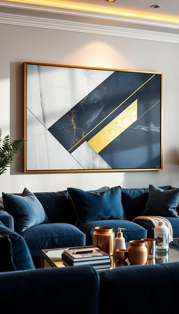 A stunning navy blue and gold wall art piece, featuring a bold and modern geometric design. The artwork is displayed in a well-lit room, with soft, warm lighting illuminating the rich hues and creating a cozy, inviting atmosphere. The gold elements shimmer and glisten, adding depth and elegance to the piece. The layout is visually striking, with a harmonious balance of shapes and lines that draw the eye and command attention as a focal point in the space. The overall composition evokes a sense of sophistication and refinement, perfectly complementing a luxurious navy blue and gold living room decor.