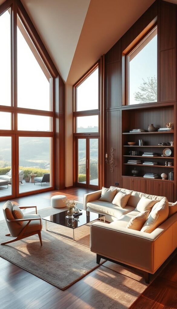 A stunningly elegant Italian living room, bathed in warm, golden light from large windows that overlook a picturesque Italian countryside. The space is characterized by clean, minimalist lines, rich wood tones, and plush, sumptuous fabrics. A sleek, modern sofa in a soft, neutral hue anchors the room, complemented by mid-century inspired armchairs and a low, glass-topped coffee table. Subtle, ornamental accents like a delicate wall sconce and a carefully curated collection of books and ceramics on a floating shelf add a touch of refined sophistication. The overall atmosphere exudes a sense of effortless, timeless style that embodies the essence of Italian design philosophy.