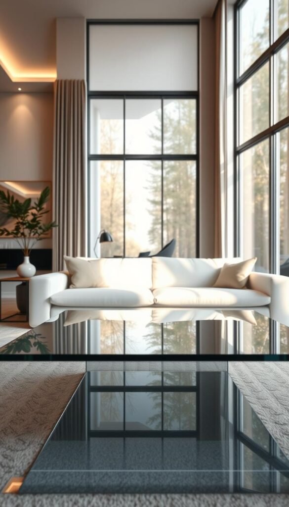 A stunningly modern living room scene with a sleek, reflective glass coffee table positioned prominently in the foreground. The table's surface acts as a mirror, softly reflecting the plush, pristine white sofa behind it. Warm, diffused lighting from above creates a cozy, inviting ambiance, while large windows in the background flood the space with natural illumination, lending an airy, open feel. The minimalist, elegant design elements combine to create a serene, glamorous atmosphere, perfect for showcasing this chic living room decor.