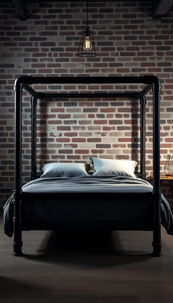 A sturdy, industrial-style metal pipe bed frame stands as the focal point of a minimalist, urban-inspired bedroom. Thick, matte black steel pipes form the headboard, footboard, and side rails, creating a bold, architectural silhouette. The frame is accented with occasional rivets and subtle distressing, adding to its raw, edgy aesthetic. Soft, moody lighting casts dramatic shadows across the pipes, highlighting their angular, utilitarian design. The frame is set against a backdrop of exposed brick walls, lending an authentic, warehouse-inspired ambiance to the space. A mid-century modern side table and sleek, geometric lighting fixture complement the metal bed's industrial-chic style, striking a perfect balance between form and function.