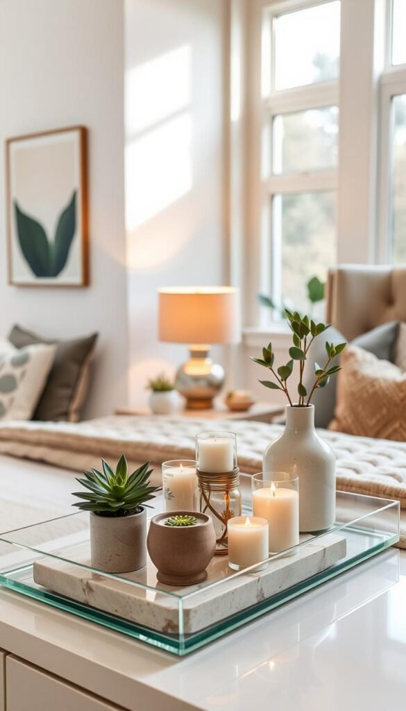 A stylishly arranged bedroom dresser top with a mix of decorative elements. In the foreground, a sleek glass or ceramic tray holds carefully curated trinkets, candles, and small potted plants. In the middle ground, a warm, table lamp casts a soft, inviting glow, its base complementing the tray's materials. Framing the arrangement, wall art in a harmonious color palette lends depth and visual interest. The scene is bathed in natural light, streaming in through large windows, creating a serene and balanced atmosphere. Attention to detail, cohesive styling, and a thoughtful use of scale and texture elevate this dresser top vignette, showcasing its vital role in crafting an inviting and personal bedroom ambiance.
