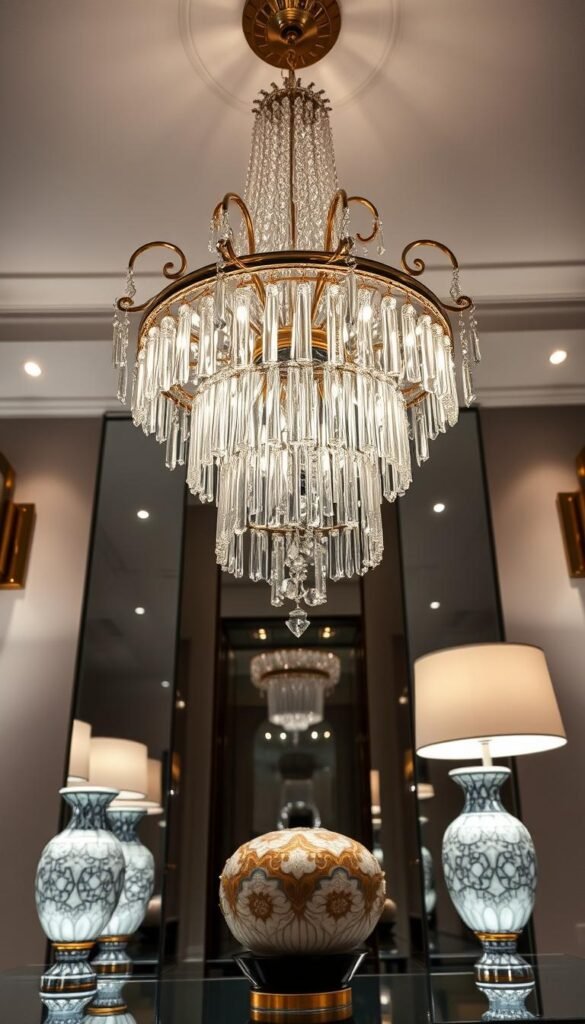A sumptuous arrangement of luxury lighting design elements, showcasing an exquisite blend of illumination and ambiance. In the foreground, a striking chandelier with cascading crystal prisms refracts the light, casting a mesmerizing glow throughout the space. Flanking the central fixture, sleek wall sconces with polished metal accents add depth and texture. In the middle ground, a pair of stunning table lamps with intricate glass or porcelain bases emit a warm, inviting radiance. The background is adorned with recessed lighting, strategically placed to accentuate architectural details and create a cohesive, harmonious lighting scheme. Captured through a wide-angle lens, the scene radiates an atmosphere of refined sophistication and elevated elegance, perfectly suited to inspire a modern luxury condo living room.