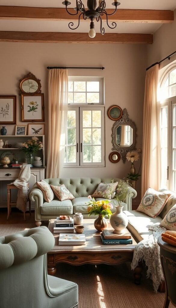 A sun-dappled French country living room, filled with a harmonious blend of vintage and modern elements. In the foreground, a plush, tufted sofa in soft sage green, accented by antique wooden side tables and a delicate lace throw. The middle ground features a distressed-wood coffee table, topped with a mix of vintage books, ceramic vases, and fresh flowers. On the walls, a gallery of framed botanical prints and weathered mirrors, casting a warm, romantic glow. The background showcases a large, double-paned window, framed by sheer, flowing curtains, allowing natural light to flood the space. The overall atmosphere is one of cozy elegance, where the old and new coexist in effortless harmony.