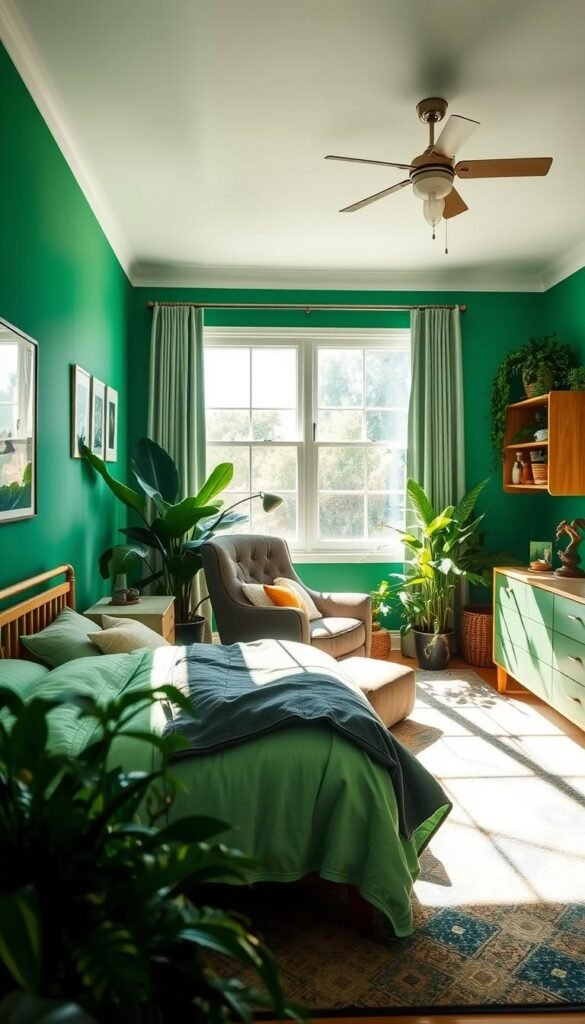A sun-dappled boys' bedroom with vibrant green paint accents. In the foreground, an energetic mix of bold emerald and fresh mint tones adorn the walls, creating a nature-inspired, youthful ambiance. The middle ground features a cozy reading nook with a plush armchair and lush indoor plants, inviting tranquility. In the background, an expansive window floods the space with warm, natural light, casting a soft, ethereal glow. The overall scene evokes a serene, earthy vibe, perfect for a growing, adventurous child's imagination.