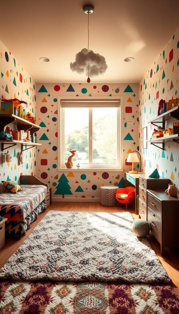 A sun-dappled boys' room awash in whimsical patterns. Playful geometric motifs dance across the walls, their bold colors and dynamic shapes creating an energetic, imaginative atmosphere. In the foreground, a plush, patterned area rug grounds the space, its soft textures inviting young feet to explore. Overhead, a delicate, cloud-like mobile casts gentle shadows, while a wide window floods the room with warm, natural light. Framing the scene, shelves display an eclectic collection of toys, books, and quirky decorative pieces, adding pops of personality. The overall effect is one of carefree, youthful charm - a space that encourages creativity, discovery, and endless hours of play.