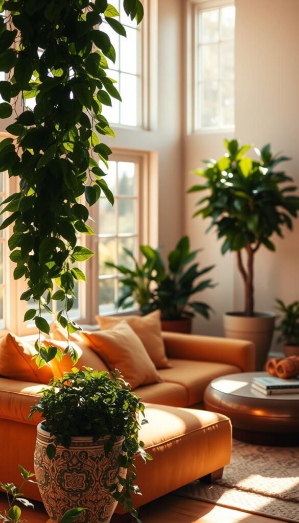 A sun-dappled living room with a plush, tan sofa as the centerpiece. In the foreground, lush greenery cascades from decorative planters, their verdant leaves casting soft shadows across the room. The middle ground features a pair of potted fiddle-leaf fig trees, their stately trunks and vibrant foliage adding a natural elegance. Warm, golden light filters in through large windows, creating a serene and inviting atmosphere. The background showcases a soothing, neutral-toned wall, allowing the organic elements to take center stage. The entire scene exudes a sense of tranquility and harmony, seamlessly blending the indoors with the lush, natural world beyond.