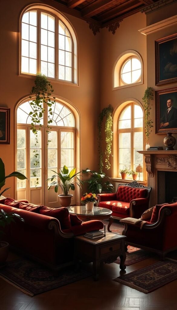 A sun-drenched Italian living room, bathed in warm, golden light filtering through large windows. Plush velvet couches in a rich burgundy hue, accented by intricate carved wooden furniture and a statement marble fireplace. Ornate area rugs in earthy tones anchor the space, complemented by lush potted plants and trailing ivy cascading from floating shelves. The walls are adorned with classic framed artwork, casting soft shadows across the room. A sense of timeless elegance and effortless sophistication pervades the scene, embodying the essence of La Dolce Vita.