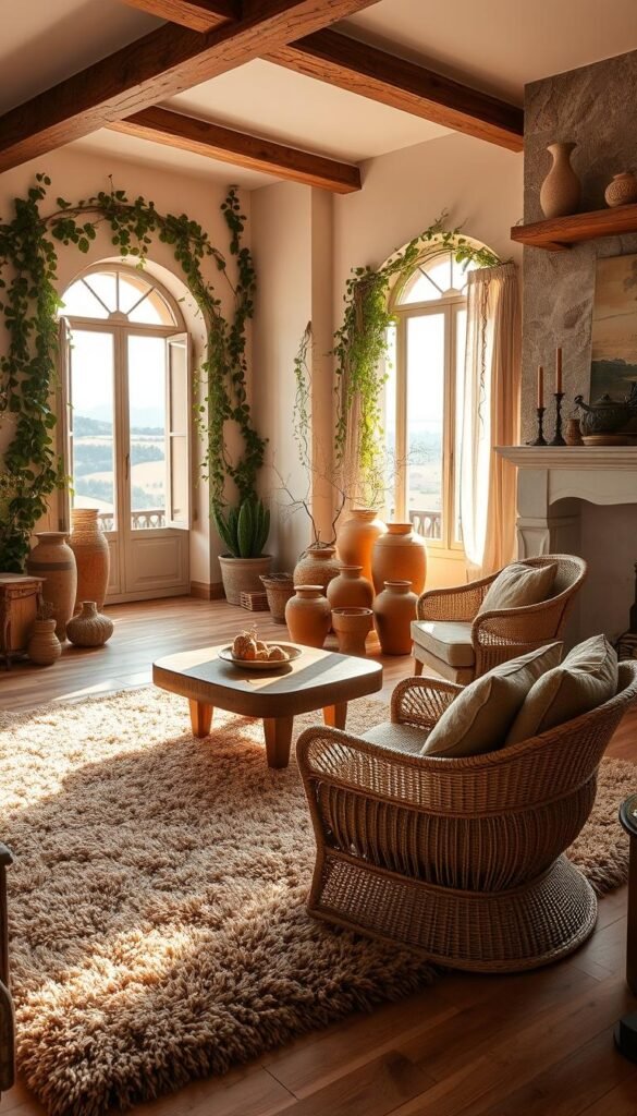 A sun-drenched Italian living room, filled with an elegant yet effortless blend of natural materials and textures. In the foreground, a plush, earthy-toned area rug made of high-quality wool, its fibers catching the warm light. Surrounding it, an assortment of wooden furniture pieces - a sturdy oak coffee table, a weathered pine side table, and a handcrafted rattan armchair. Climbing the walls, a verdant tapestry of ivy and trailing vines, casting gentle shadows across the room. The middle ground features a collection of terracotta pots, their rough, tactile surfaces complementing the smooth, glossy finish of a marble mantelpiece. In the background, large windows frame a vista of rolling Tuscan hills, the natural light filtering through sheer linen curtains. An atmosphere of effortless sophistication, where the beauty of the earth is celebrated in every detail.