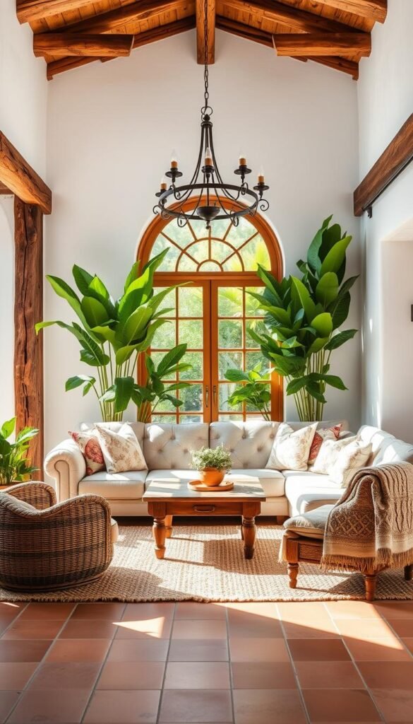 A sun-drenched Mediterranean-style living room, adorned with warm, earthy tones and natural textures. Rustic wooden beams frame the scene, casting gentle shadows across the plush, tufted sofa. Lush, verdant potted plants flank a large, arched window, filtering in soft, diffused light. A woven area rug grounds the space, complemented by a weathered wooden coffee table and an ornate, wrought-iron chandelier overhead. Terracotta tiles line the floor, while whitewashed walls create a calming, airy atmosphere. Finished with intricately patterned throw pillows and a cozy, textured blanket, this living room exudes the inviting, laid-back charm of a Mediterranean villa.