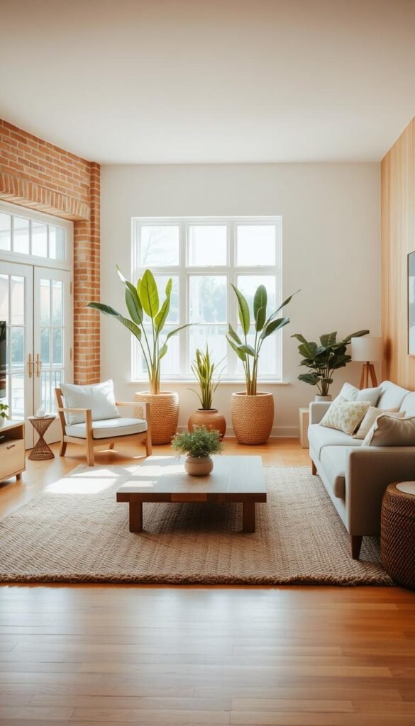 A sun-drenched, airy living room with natural materials and textures. In the foreground, a plush, textured rug in earthy tones covers the hardwood floor. Arranged on the rug, a low-profile, natural wood coffee table surrounded by comfortable, linen-upholstered seating. In the middle ground, tall, potted plants in woven baskets add organic elements. The walls feature a mix of exposed brick and light, natural wood paneling. Warm, diffused lighting filters through large windows, casting a serene, inviting ambiance. The overall scene conveys a sense of classic elegance and timeless, cozy comfort.