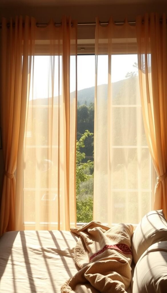 A sun-drenched bedroom with a large window overlooking a lush, verdant landscape. Warm, natural light filters through sheer, flowing curtains that gently sway in the breeze. The curtains are made of lightweight, gauzy material that creates a soft, diffused illumination, casting a serene and tranquil ambiance throughout the space. In the foreground, a plush, inviting bed is positioned to take full advantage of the natural light, with soft, cozy bedding and a mixture of textural elements like woven throws and patterned pillows. The overall atmosphere is one of calm, comfort, and a connection to the natural world beyond the window.