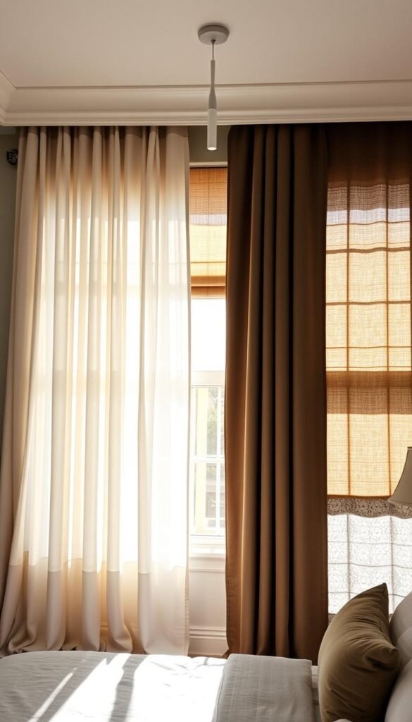 A sun-drenched bedroom with layered window treatments, creating a harmonious blend of light and shadow. Sheer curtains in a soft, flowing fabric cascade from the ceiling, gently filtering sunlight. Atop them, tailored blackout drapes in a rich, textured material can be drawn to control light levels. Discreet motorized blinds between the layers provide granular adjustment. Layered textures, from lush velvet to delicate lace, add visual depth. The overall effect is one of elegant sophistication and customizable light control, perfectly suited for an aesthetic bedroom.