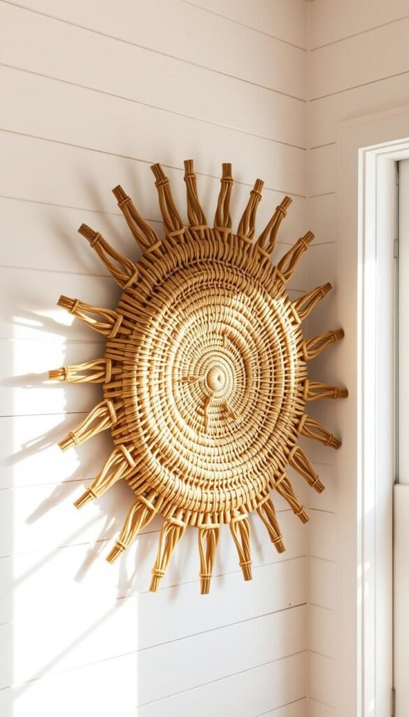 A sunburst-shaped woven rattan wall basket, the center a vibrant golden hue, radiating outwards in concentric rings of earthy tan and natural beige tones. Textural, rustic, and handcrafted, the basket hangs against a whitewashed shiplap wall, casting warm, soft shadows that accentuate its intricate patterns. Natural light filters in from a nearby window, creating a serene, farmhouse-inspired ambiance. The overall composition conveys a sense of organic beauty and artisanal charm, perfectly suited to adorn a cozy living room space. A sunburst-shaped woven rattan wall basket, the center a vibrant golden hue, radiating outwards in concentric rings of earthy tan and natural beige tones. Textural, rustic, and handcrafted, the basket hangs against a whitewashed shiplap wall, casting warm, soft shadows that accentuate its intricate patterns. Natural light filters in from a nearby window, creating a serene, farmhouse-inspired ambiance. The overall composition conveys a sense of organic beauty and artisanal charm, perfectly suited to adorn a cozy living room space.