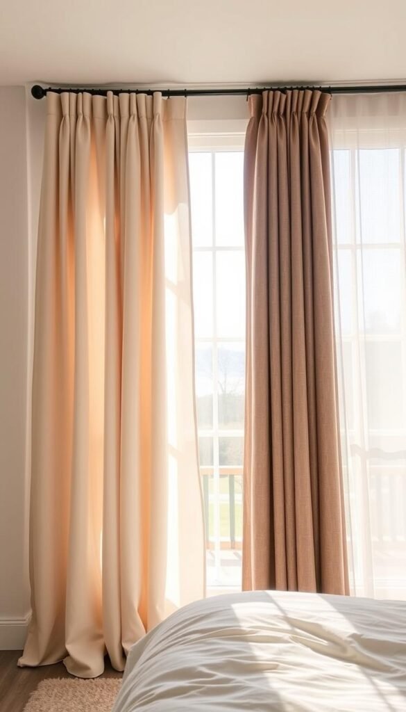 A sunlit bedroom with a large window showcasing an array of chic curtain strategies. In the foreground, sheer, flowing curtains in a soft, neutral palette gently sway, casting delicate patterns of light and shadow. The middle ground features a mix of tailored, pleated curtains in a complementary color, framing the window elegantly. In the background, a pair of blackout curtains in a rich, textured fabric provide privacy and light control. The lighting is soft and natural, highlighting the layered textures and creating a serene, modern atmosphere.