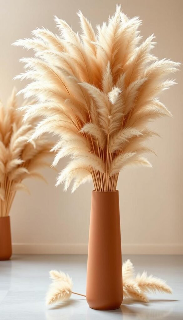 A tall floor vase arrangement with lush, cascading pampas grass stems in shades of beige and cream. The vase is a simple, modern design in muted terracotta tones, standing elegantly in the foreground. Surrounding the vase are additional pampas grass stems, their fluffy plumes adding soft, layered textures that draw the eye upwards. Warm, diffused lighting bathes the scene, creating a serene and inviting ambiance. The overall composition evokes a sense of natural harmony, with the tall, slender stems complementing the minimalist vase to create a visually striking, yet calming display.
