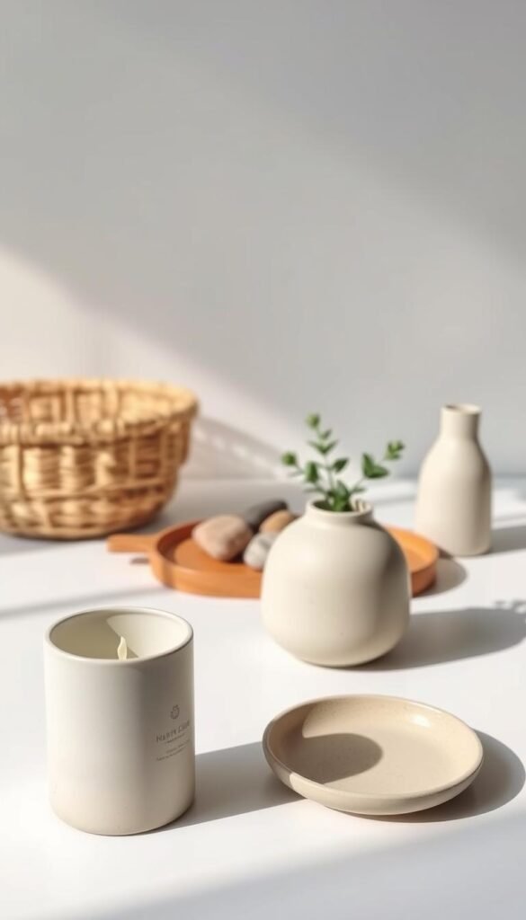 A tasteful arrangement of Scandinavian-style accessories with matte finishes, set against a minimalist backdrop. In the foreground, a sleek candle holder, a woven basket, and a ceramic vase with a subtle pattern. In the middle ground, a wooden tray holding a selection of natural stones and a small potted plant. The lighting is soft and diffused, casting gentle shadows that accentuate the textures and forms. The overall atmosphere is one of quiet elegance, reflecting the understated sophistication of Scandinavian design. A tasteful arrangement of Scandinavian-style accessories with matte finishes, set against a minimalist backdrop. In the foreground, a sleek candle holder, a woven basket, and a ceramic vase with a subtle pattern. In the middle ground, a wooden tray holding a selection of natural stones and a small potted plant. The lighting is soft and diffused, casting gentle shadows that accentuate the textures and forms. The overall atmosphere is one of quiet elegance, reflecting the understated sophistication of Scandinavian design.
