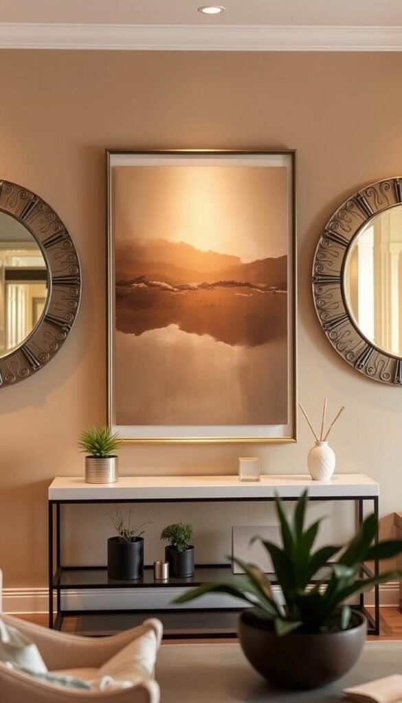 A tasteful arrangement of art and mirrors adorns a tan-themed living room. In the foreground, a large framed abstract painting in muted earth tones takes center stage, casting a warm glow from the soft directional lighting. Flanking it, a pair of decorative wall mirrors with intricate metal frames reflect the scene, adding depth and visual interest. The middle ground features a sleek, minimalist console table displaying a selection of potted greenery and decorative objects, complementing the neutral color palette. The background showcases a cozy, inviting atmosphere with hints of natural textures and a sense of balance and harmony.