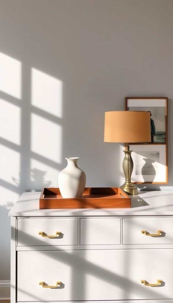 A tastefully styled dresser with elegant brass hardware against a backdrop of soft gray walls. The top surface features a wood tray with a sculptural vase, a warm table lamp, and a framed abstract artwork. The overall composition radiates a serene, sophisticated ambiance, showcasing the foundational principles of dresser styling: balance, cohesion, and visual interest. Sunlight filters in through a nearby window, casting a gentle glow and creating dynamic shadows that add depth and dimension to the scene. The camera angle is slightly elevated, capturing the dresser from an angle that highlights its proportions and styling.
