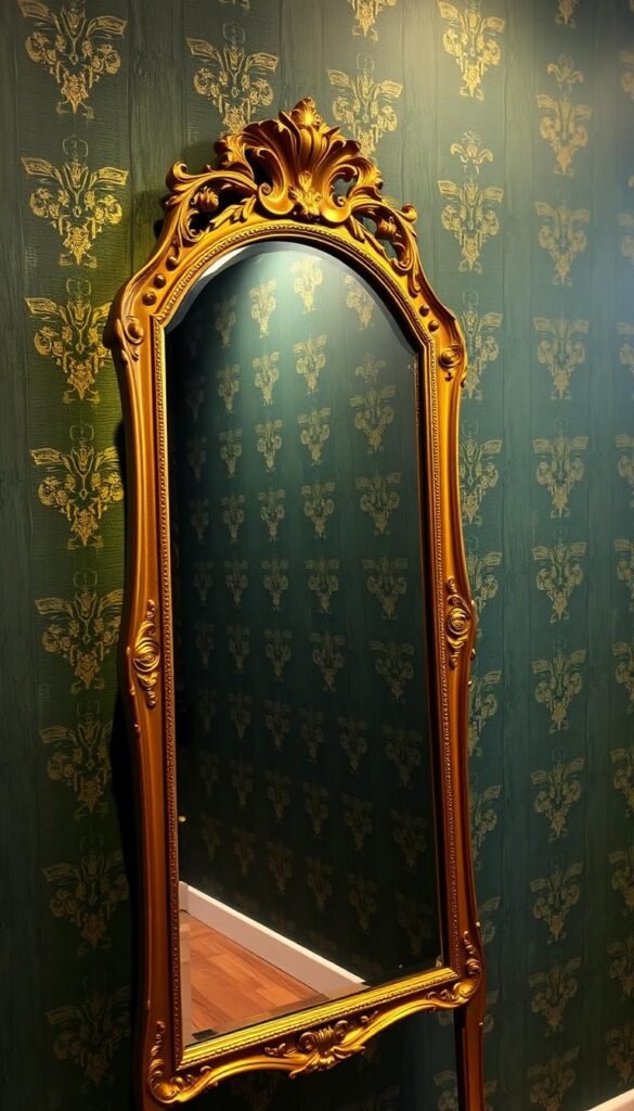 A teal-colored textured wallpaper with a subtle gold foil pattern, illuminated by warm, diffused lighting that casts a soft, inviting glow. In the foreground, a large, ornate gold-framed mirror reflects the wallpaper's intricate design, adding depth and visual interest to the space. The mirror is placed at a slight angle, creating a sense of dynamism and movement. The overall atmosphere is one of luxurious elegance, where the combination of teal and gold evokes a sense of timeless sophistication.